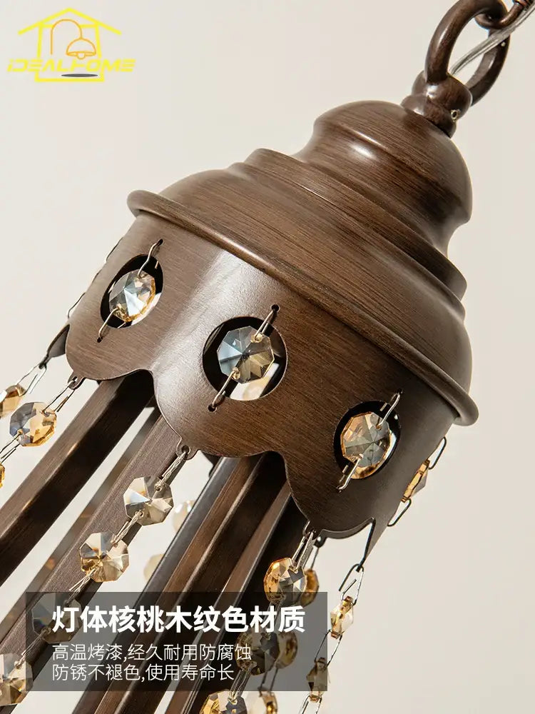 Antique bronze iron art crystal candle chandelier with wood-grain texture and amber faceted crystals for living room decorbites iron art
