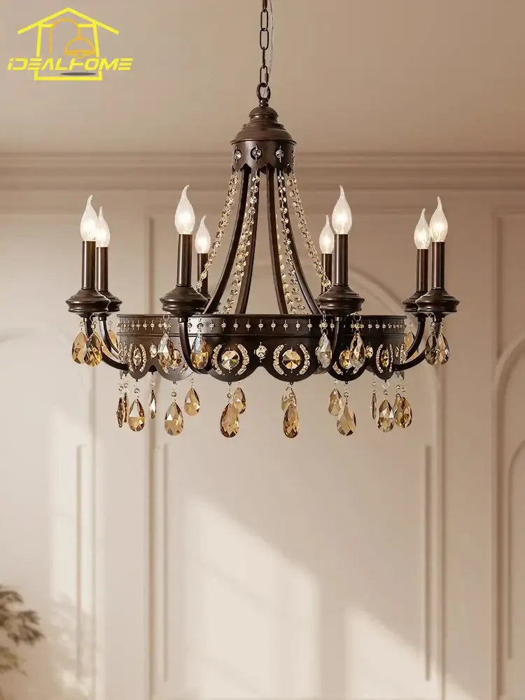 Antique bronze iron art crystal candle chandelier with amber crystal droplets and clear faceted accents for living room decorbites iron art