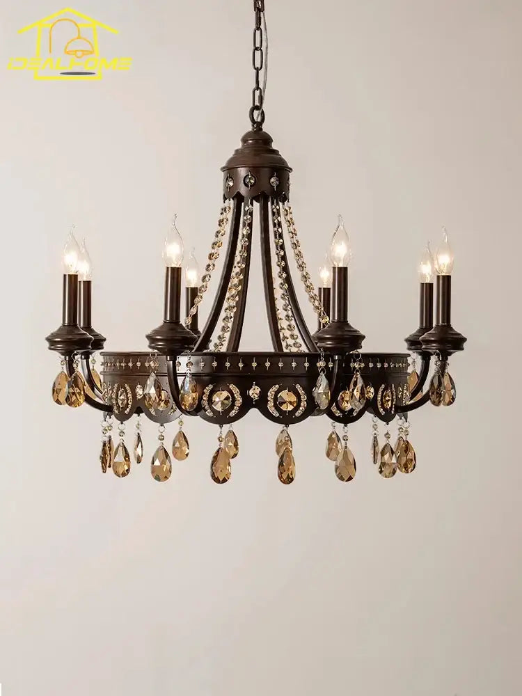 Antique bronze iron art crystal candle chandelier with amber crystal droplets and decorative beaded chains for living room decorbites iron art