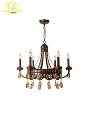 Antique bronze iron art crystal candle chandelier with six bulbs and amber droplets for living room decorbites iron art
