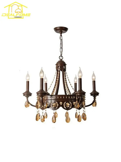 Antique bronze iron art crystal candle chandelier with six bulbs and amber droplets for living room decorbites iron art