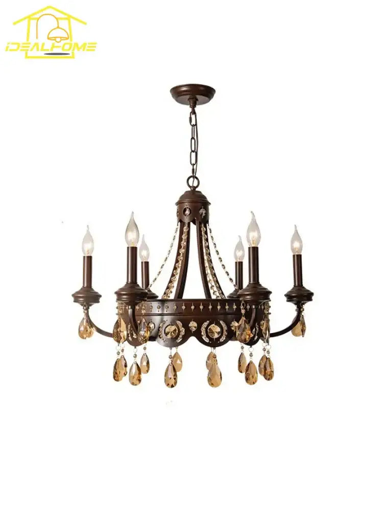 Antique bronze iron art crystal candle chandelier with six bulbs and amber droplets for living room decorbites iron art