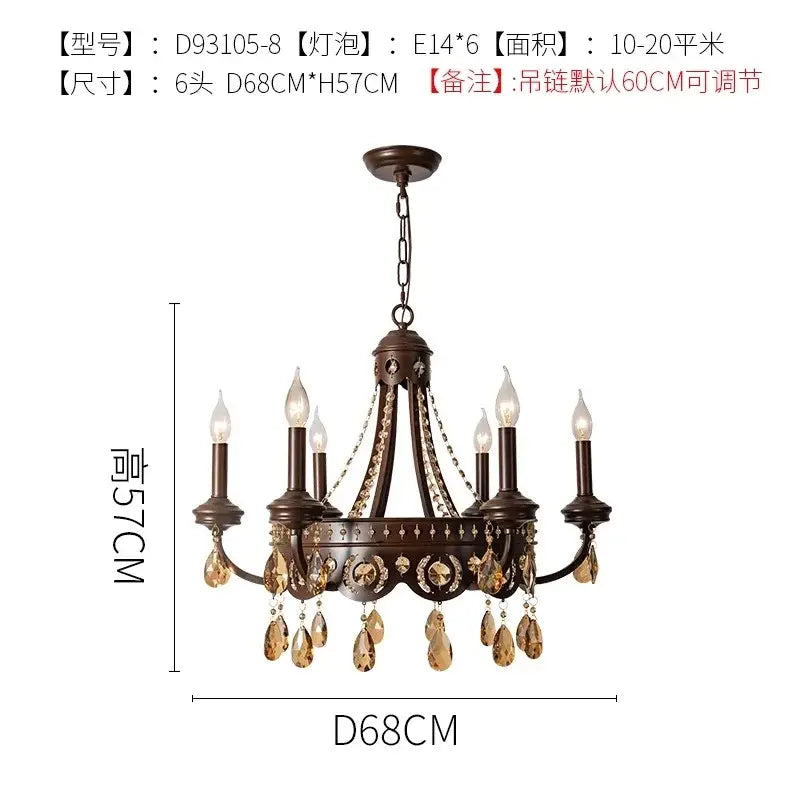 Antique bronze iron art crystal candle chandelier with six amber crystal droplets for living room decorbites iron art