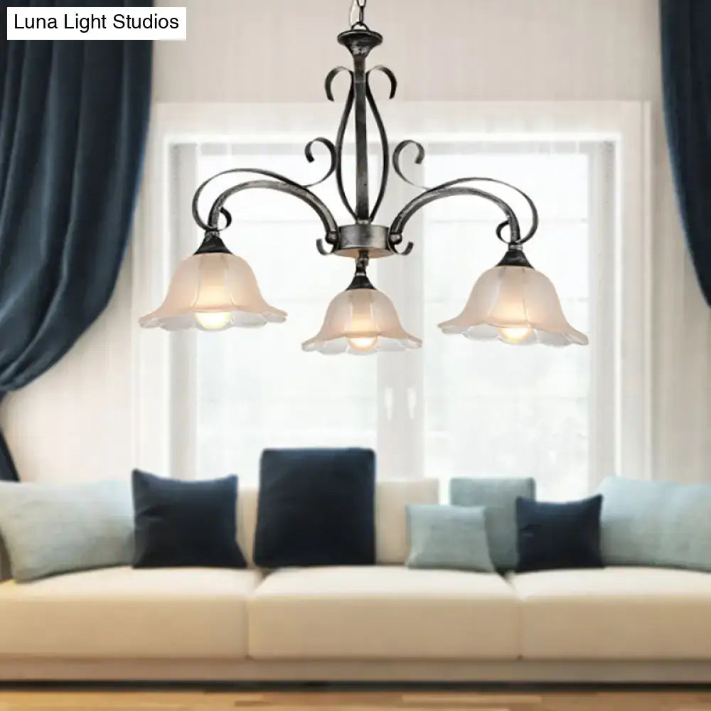 Antique bronze wrought iron pendant ceiling light with three frosted glass bell-shaped shades for living rooms