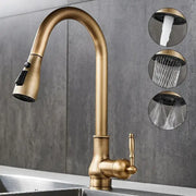 DecorBites antique bronze kitchen faucet with brass finish, curved spout, and pull-down spray head for versatile use