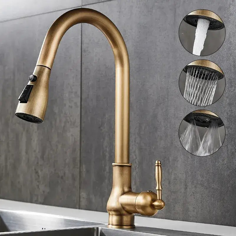 DecorBites antique bronze kitchen faucet with brass finish, curved spout, and pull-down spray head for versatile use