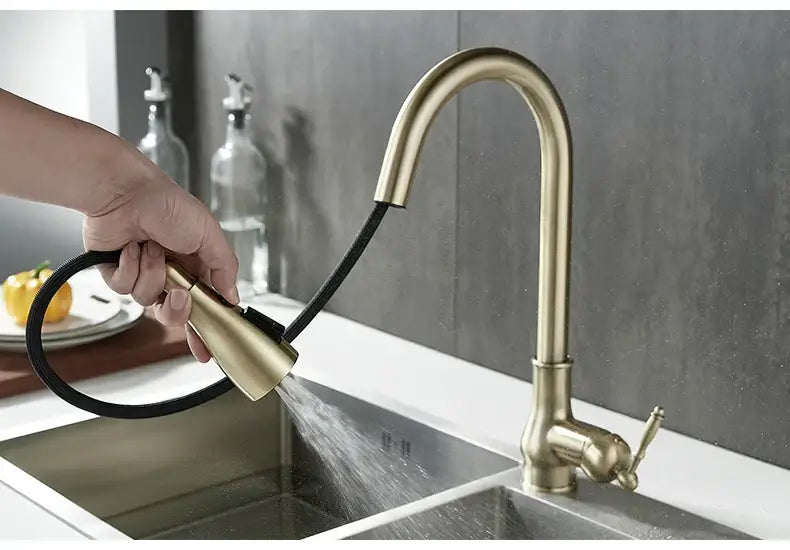 DecorBites™ antique bronze kitchen faucet with brass finish, pull-down spout, and black flexible hose for modern kitchens