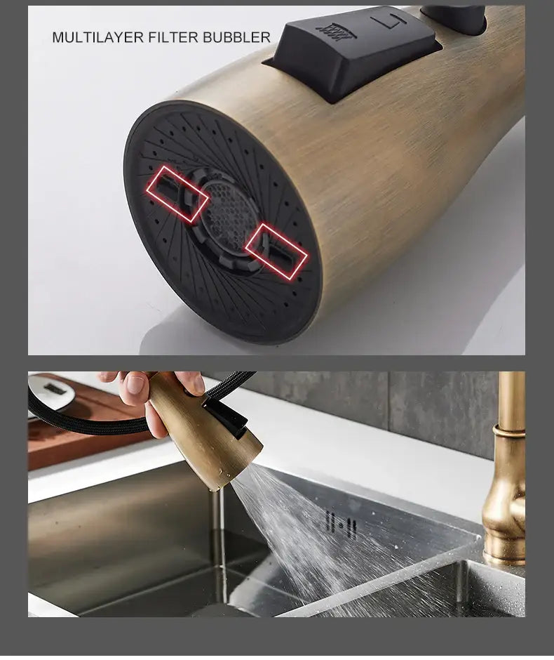 DecorBites antique bronze pull out kitchen faucet with bronze finish and black multilayer filter bubbler head
