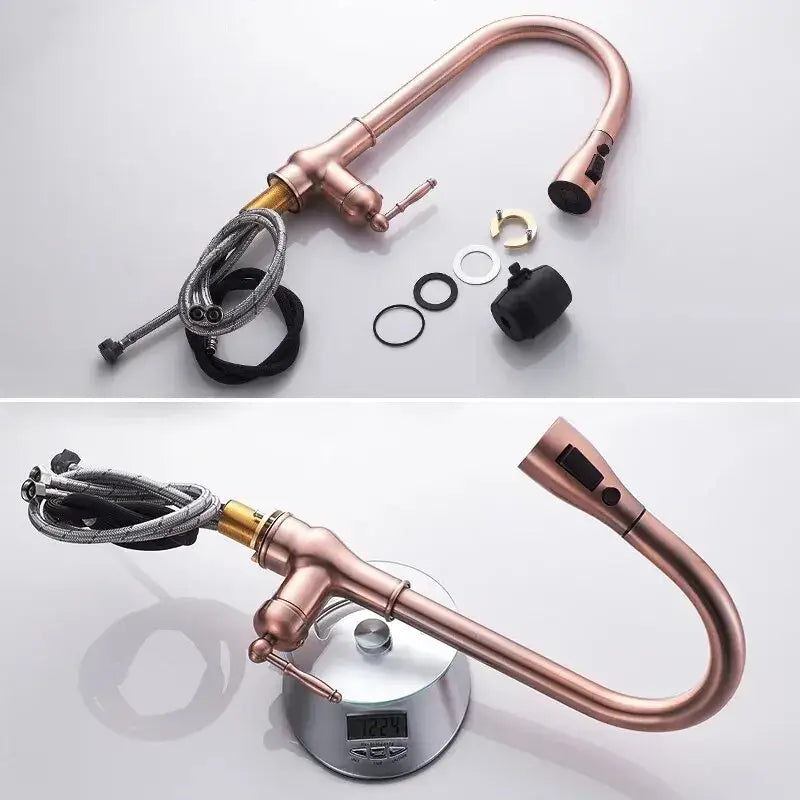 Decorbites antique bronze pull out kitchen faucet with rose gold finish curved spout and integrated touch control