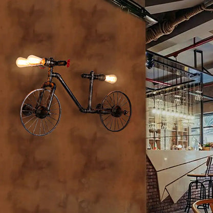 Aplique de pared antiguo de bronce con forma de bicicleta y detalles de tubería estilo rústico - Aplique de 3 luces para sala de estar