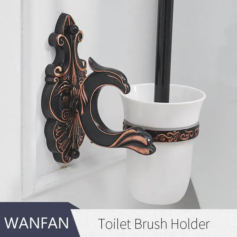 Antique bronze ornate wall-mounted toilet brush holder with white ceramic cup brush holder set for bathroom use