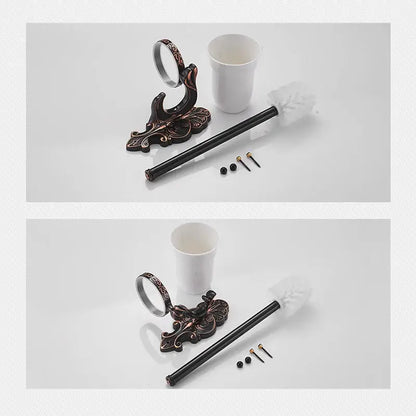 Antique bronze ornate ceramic toilet brush holder set with matching cup and black-handled brush for bathroom use