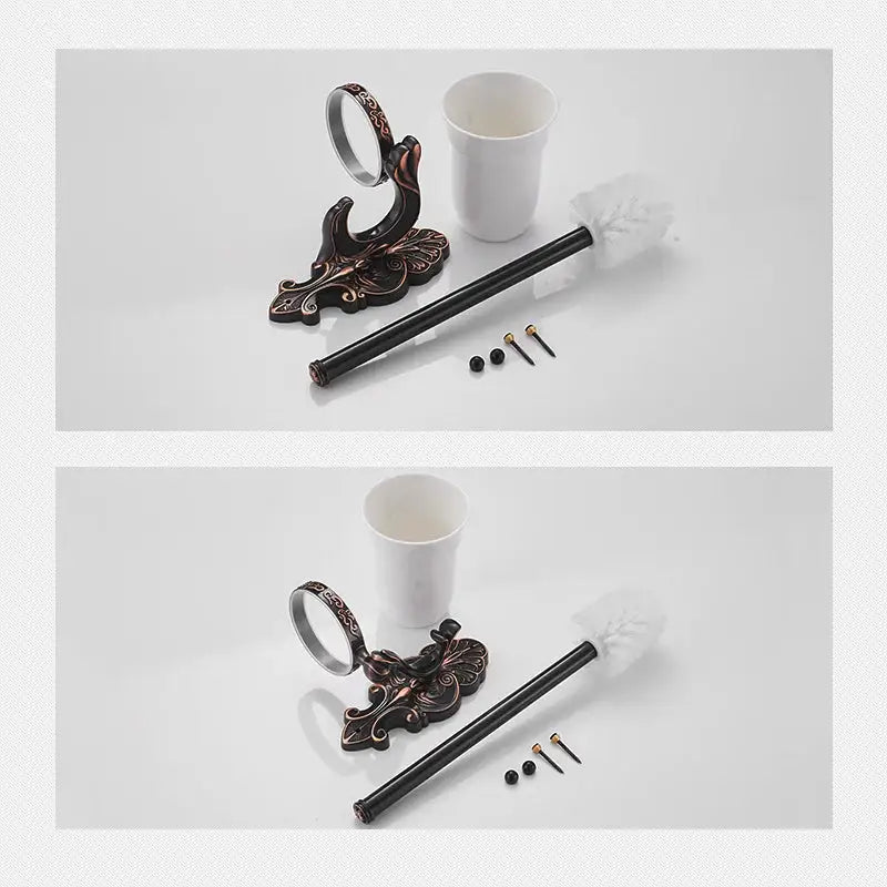 Antique bronze ornate ceramic toilet brush holder set with matching cup and black-handled brush for bathroom use