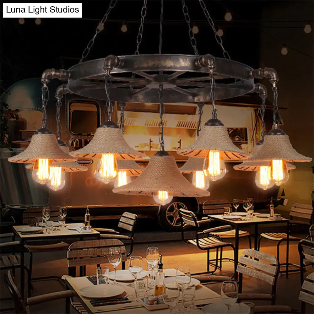 Lámpara colgante de techo rústica para comedor, estilo antiguo, con pantalla cónica y diseño de cuerda en bronce. Compatible con bombillas de 7/9 bombillas.