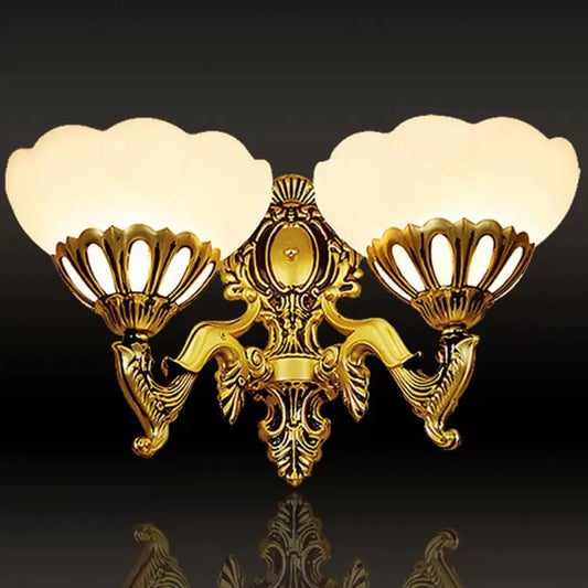 Aplique de pared antiguo de bronce con cristal festoneado - Iluminación para salón de 2 luces