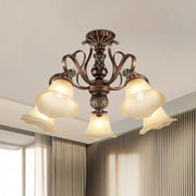 Antique bronze-finished DecorBites semi flush light with three opal glass shades and e26 e27 sockets for living room