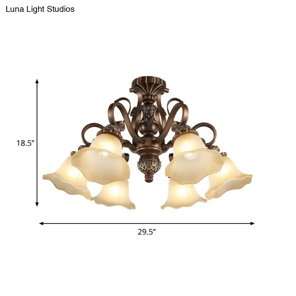 Decorbites™ floral shade semi flush light with antique bronze finish five bell-shaped cream opal glass shades e26 e27 bulbs