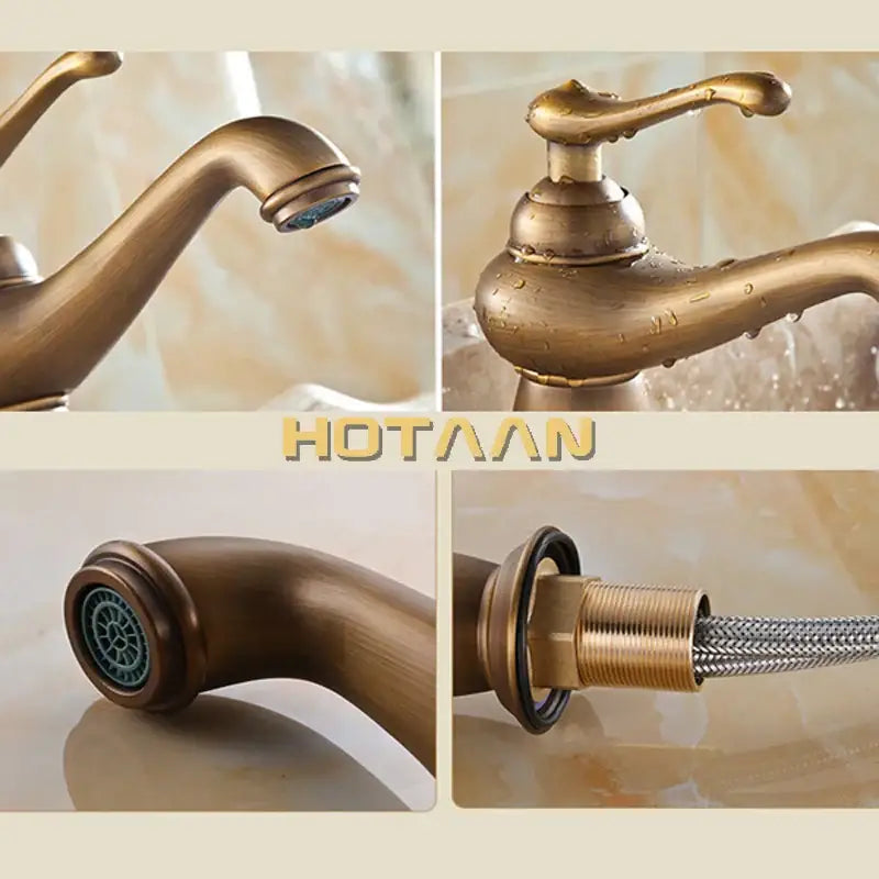 Antique bronze single handle basin faucet with brass finish curved spout and detachable handheld showerhead for bathroom use