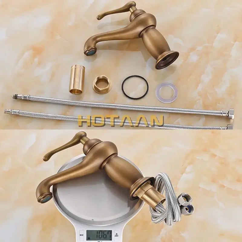 Antique bronze single handle brass-finished basin faucet with curved spout and decorative handle assembled on scale