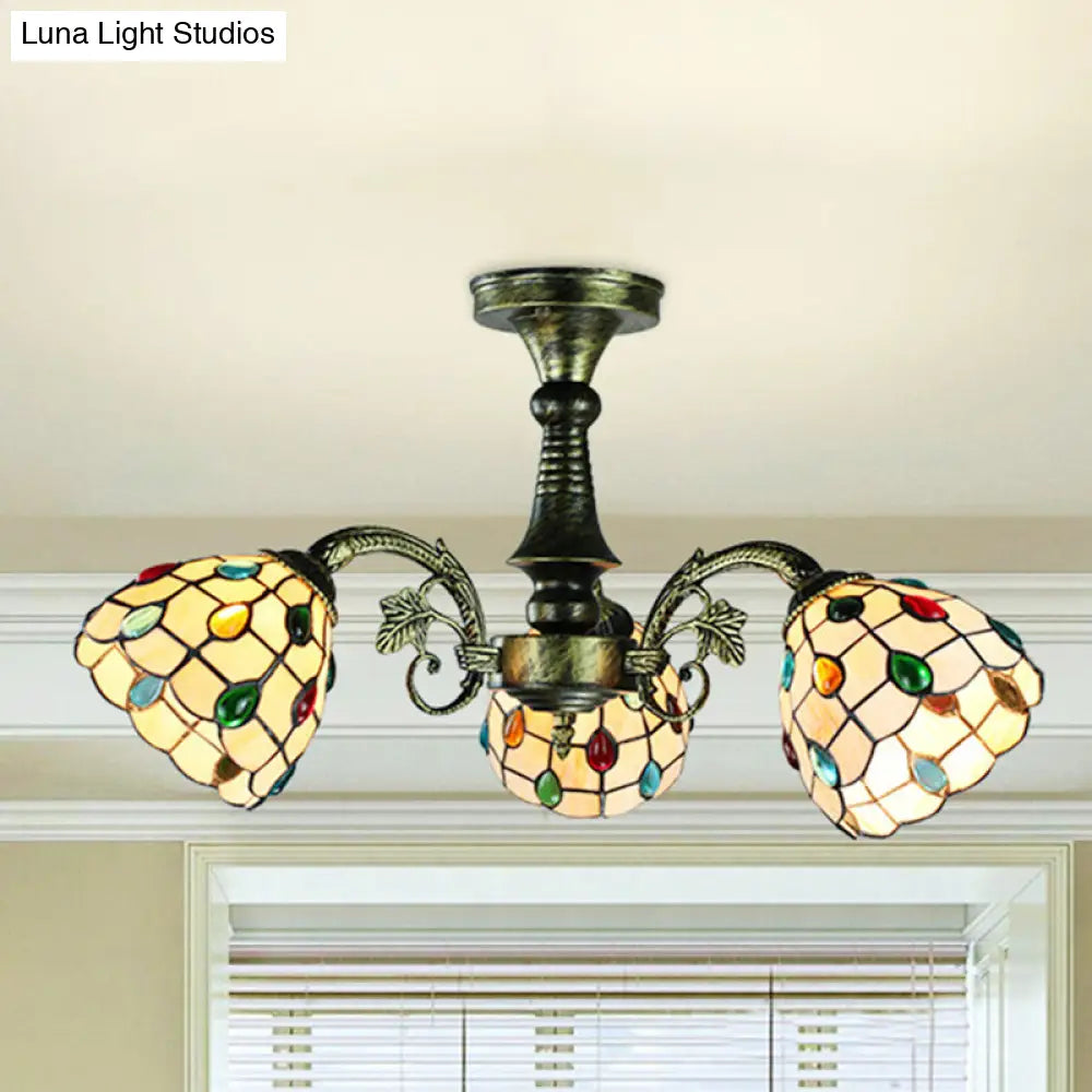 Lámpara colgante DecorBites™ de vitral en bronce antiguo: estilo Tiffany con diseño de hojas, cola de pavo real y flores, 3/5 luces