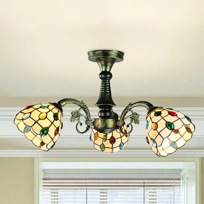 Lámpara colgante DecorBites™ de vitral en bronce antiguo: estilo Tiffany con diseño de hojas, cola de pavo real y flores, 3/5 luces