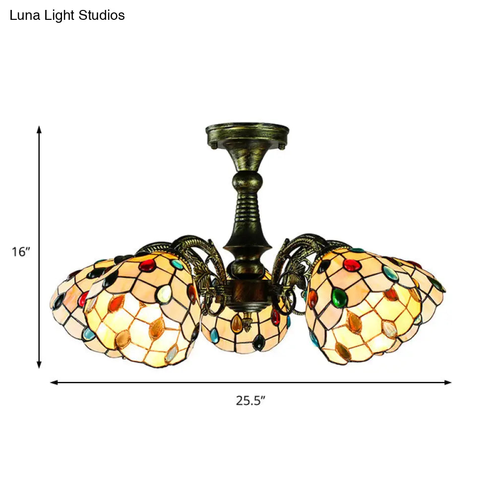 Lámpara colgante DecorBites™ de vitral en bronce antiguo: estilo Tiffany con diseño de hojas, cola de pavo real y flores, 3/5 luces