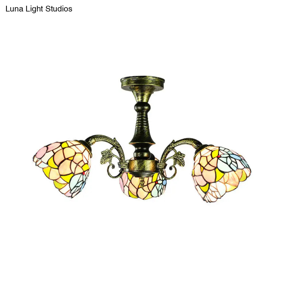 Lámpara colgante DecorBites™ de vitral en bronce antiguo: estilo Tiffany con diseño de hojas, cola de pavo real y flores, 3/5 luces