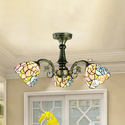 Lámpara colgante DecorBites™ de vitral en bronce antiguo: estilo Tiffany con diseño de hojas, cola de pavo real y flores, 3/5 luces