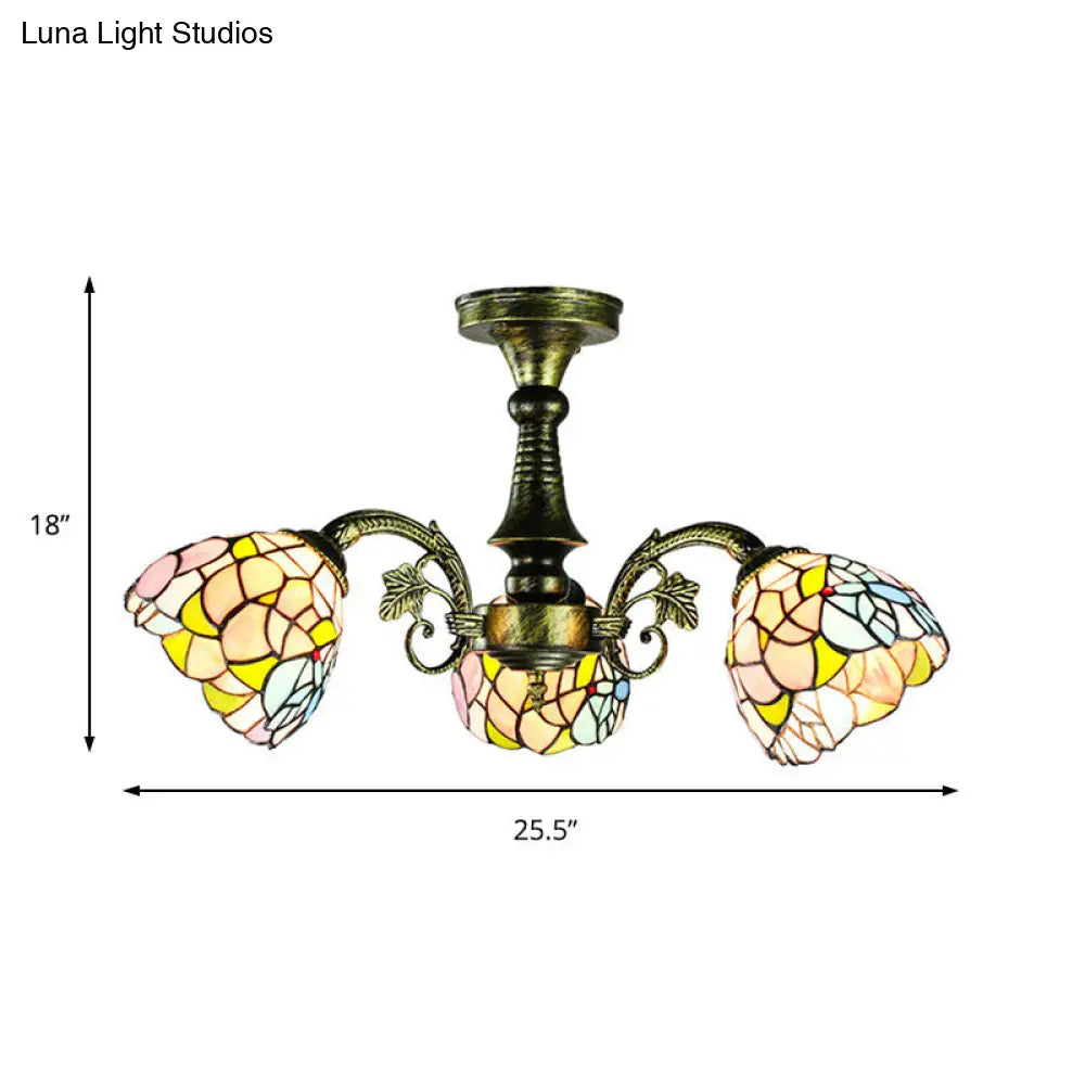 Lámpara colgante DecorBites™ de vitral en bronce antiguo: estilo Tiffany con diseño de hojas, cola de pavo real y flores, 3/5 luces