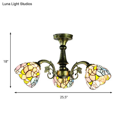 Lámpara colgante DecorBites™ de vitral en bronce antiguo: estilo Tiffany con diseño de hojas, cola de pavo real y flores, 3/5 luces