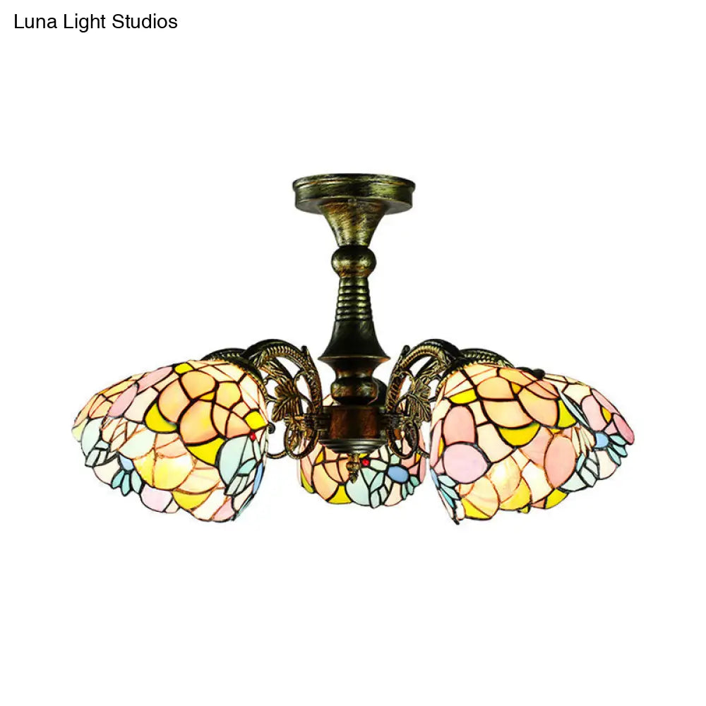 Lámpara colgante DecorBites™ de vitral en bronce antiguo: estilo Tiffany con diseño de hojas, cola de pavo real y flores, 3/5 luces