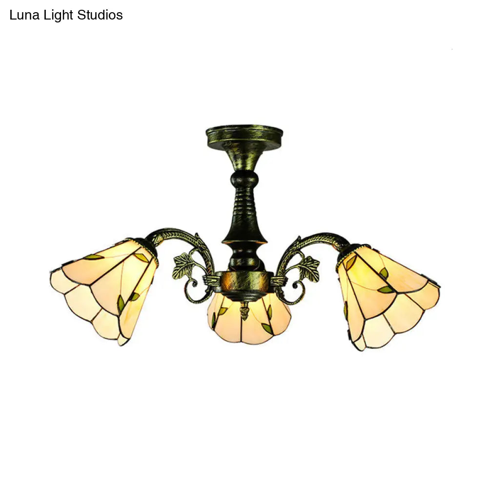 Lámpara colgante DecorBites™ de vitral en bronce antiguo: estilo Tiffany con diseño de hojas, cola de pavo real y flores, 3/5 luces