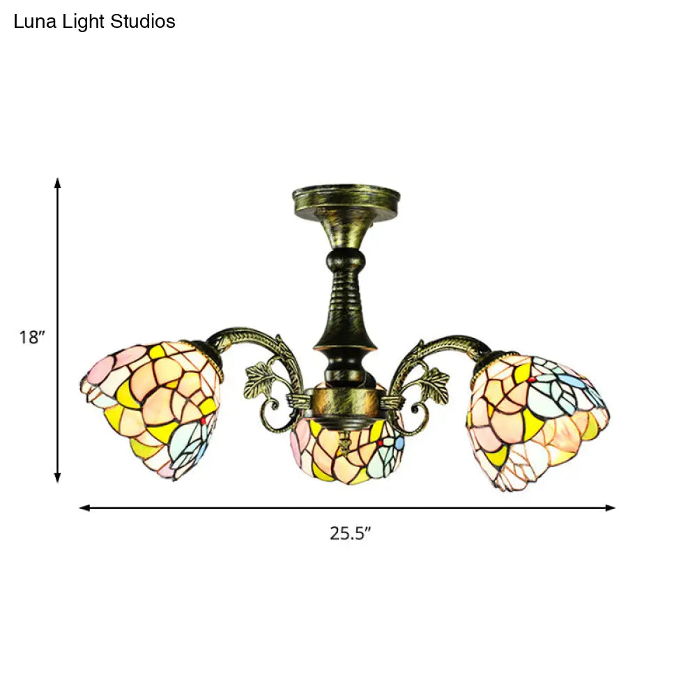 Lámpara colgante DecorBites™ de vitral en bronce antiguo: estilo Tiffany con diseño de hojas, cola de pavo real y flores, 3/5 luces