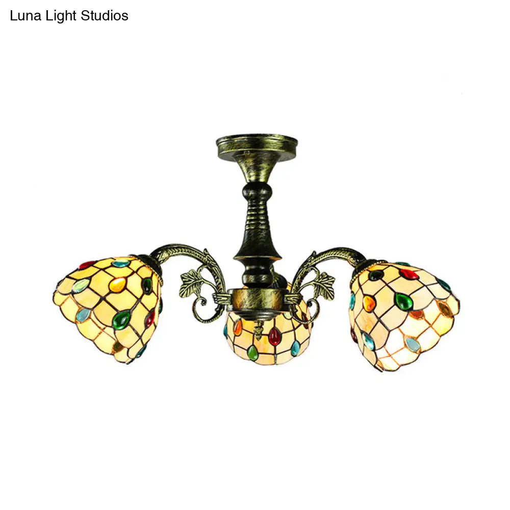 Lámpara colgante DecorBites™ de vitral en bronce antiguo: estilo Tiffany con diseño de hojas, cola de pavo real y flores, 3/5 luces