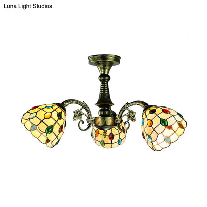 Lámpara colgante DecorBites™ de vitral en bronce antiguo: estilo Tiffany con diseño de hojas, cola de pavo real y flores, 3/5 luces