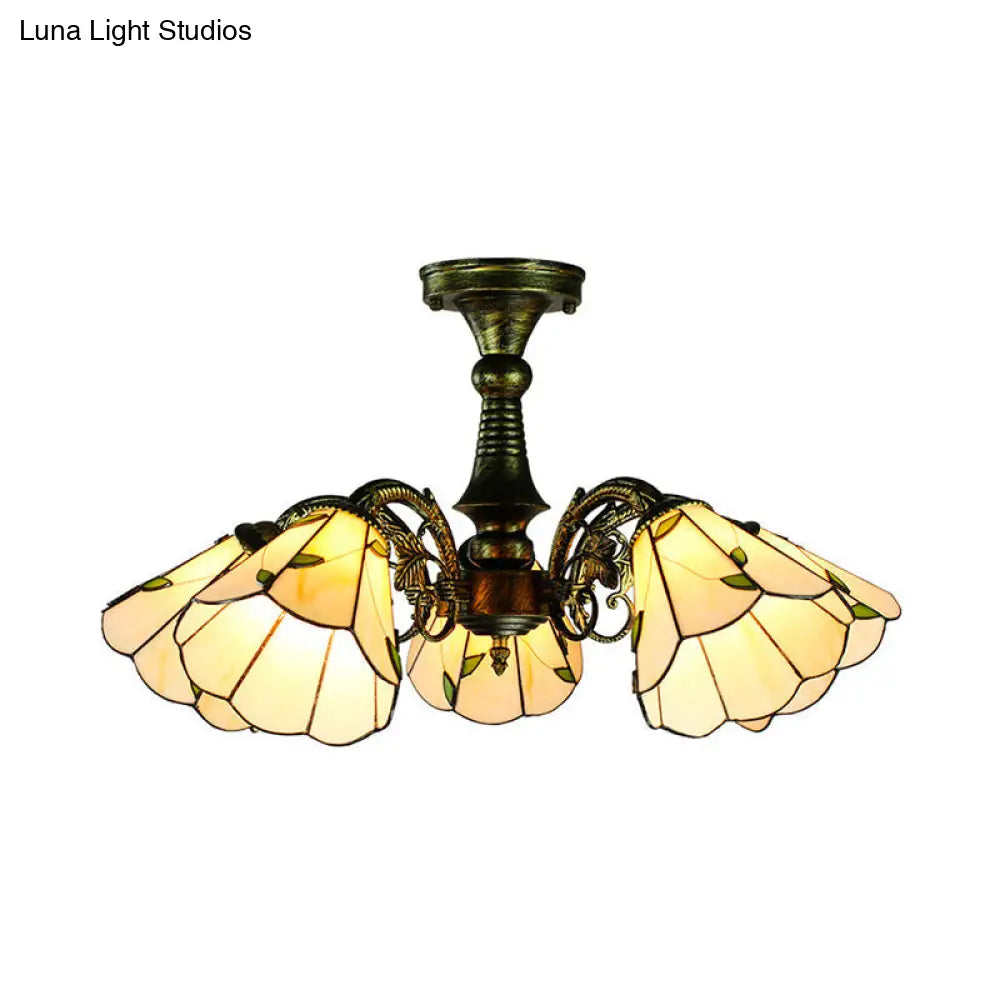 Lámpara colgante DecorBites™ de vitral en bronce antiguo: estilo Tiffany con diseño de hojas, cola de pavo real y flores, 3/5 luces