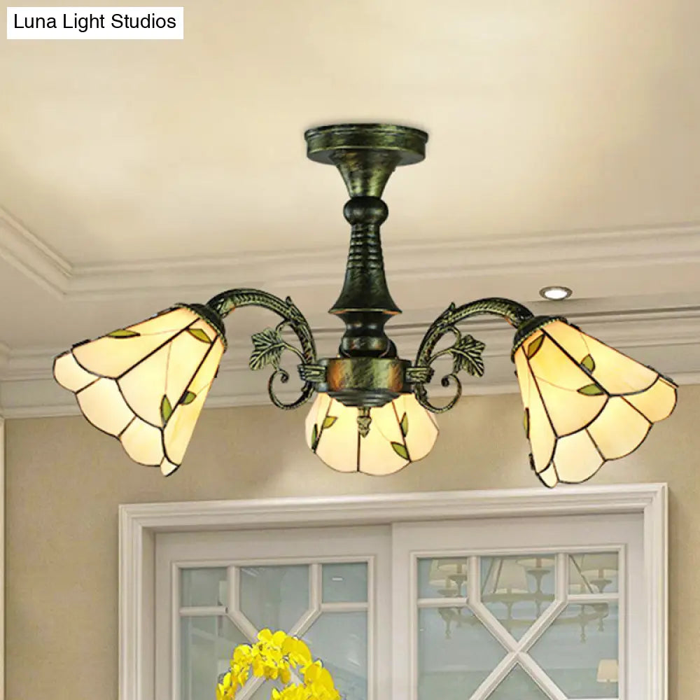 Lámpara colgante DecorBites™ de vitral en bronce antiguo: estilo Tiffany con diseño de hojas, cola de pavo real y flores, 3/5 luces