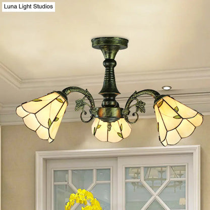 Lámpara colgante DecorBites™ de vitral en bronce antiguo: estilo Tiffany con diseño de hojas, cola de pavo real y flores, 3/5 luces