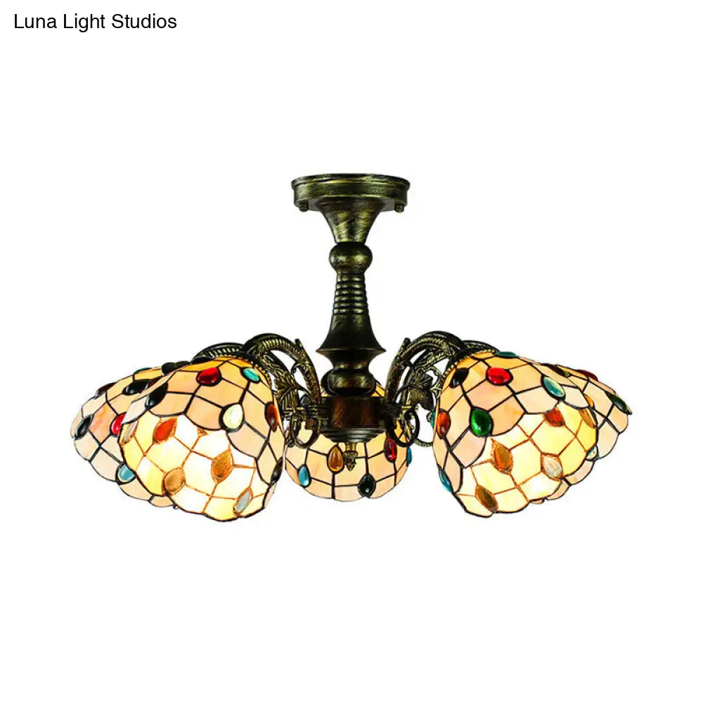 Lámpara colgante DecorBites™ de vitral en bronce antiguo: estilo Tiffany con diseño de hojas, cola de pavo real y flores, 3/5 luces