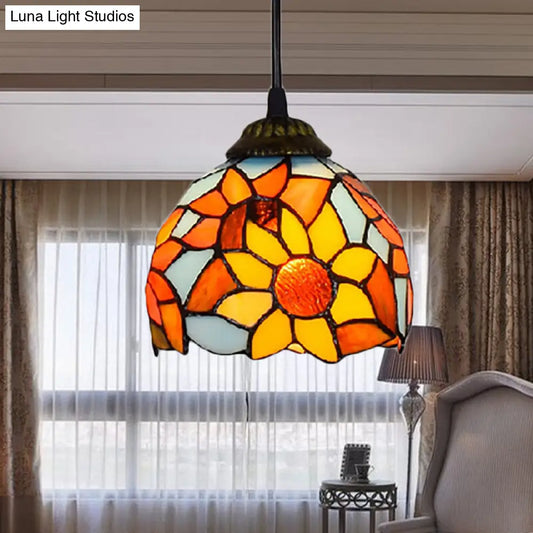 Lámpara colgante de girasol en bronce antiguo: Lámpara de techo de vitral Tiffany