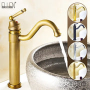 Antique bronze tall curved spout bathroom sink faucet mixer with brass finish and decorative handle over ceramic sink
