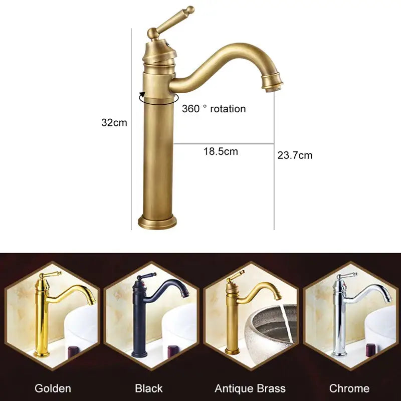 Antique bronze single-handle bathroom faucet with tall curved spout and 360-degree rotating vintage design