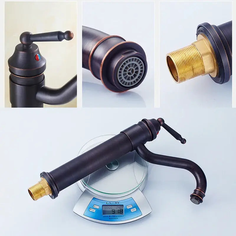 Antique bronze tall curved spout bathroom sink faucet mixer with a single handle and brass threaded connections