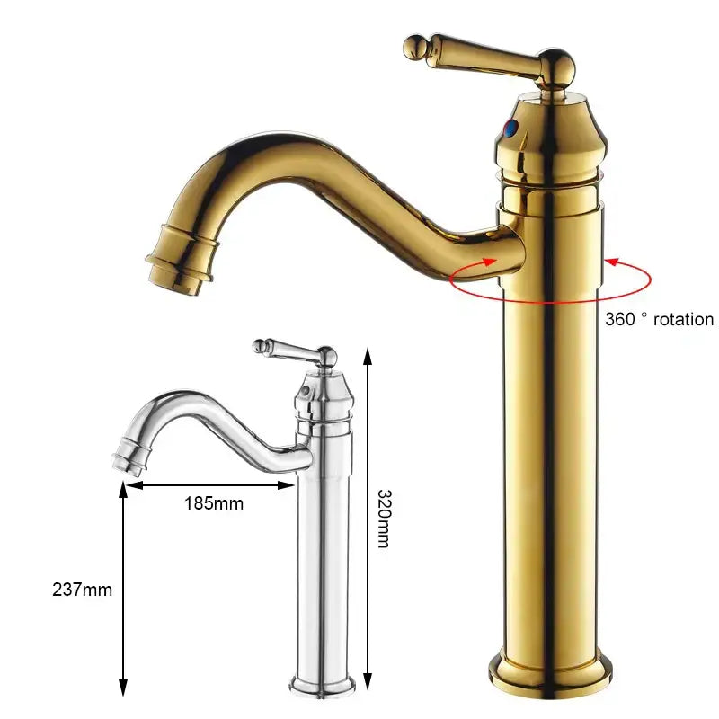 Antique bronze tall curved spout bathroom faucet mixer with gold-finished 360-degree rotating single handle
