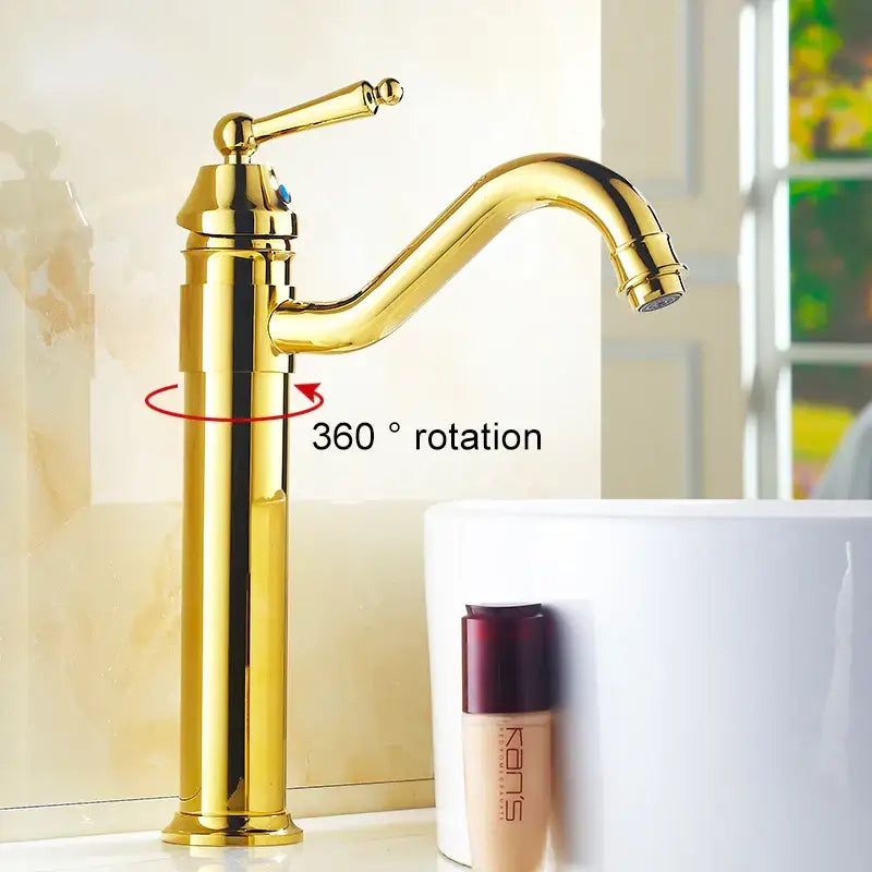 Antique bronze tall curved spout bathroom sink faucet mixer with golden brass finish single-handle and 360-degree rotation