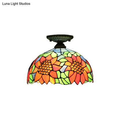 DecorBites™ Lámpara de techo semiempotrada de cristal artístico estilo Tiffany en bronce antiguo con 2 luces de cúpula para pasillo