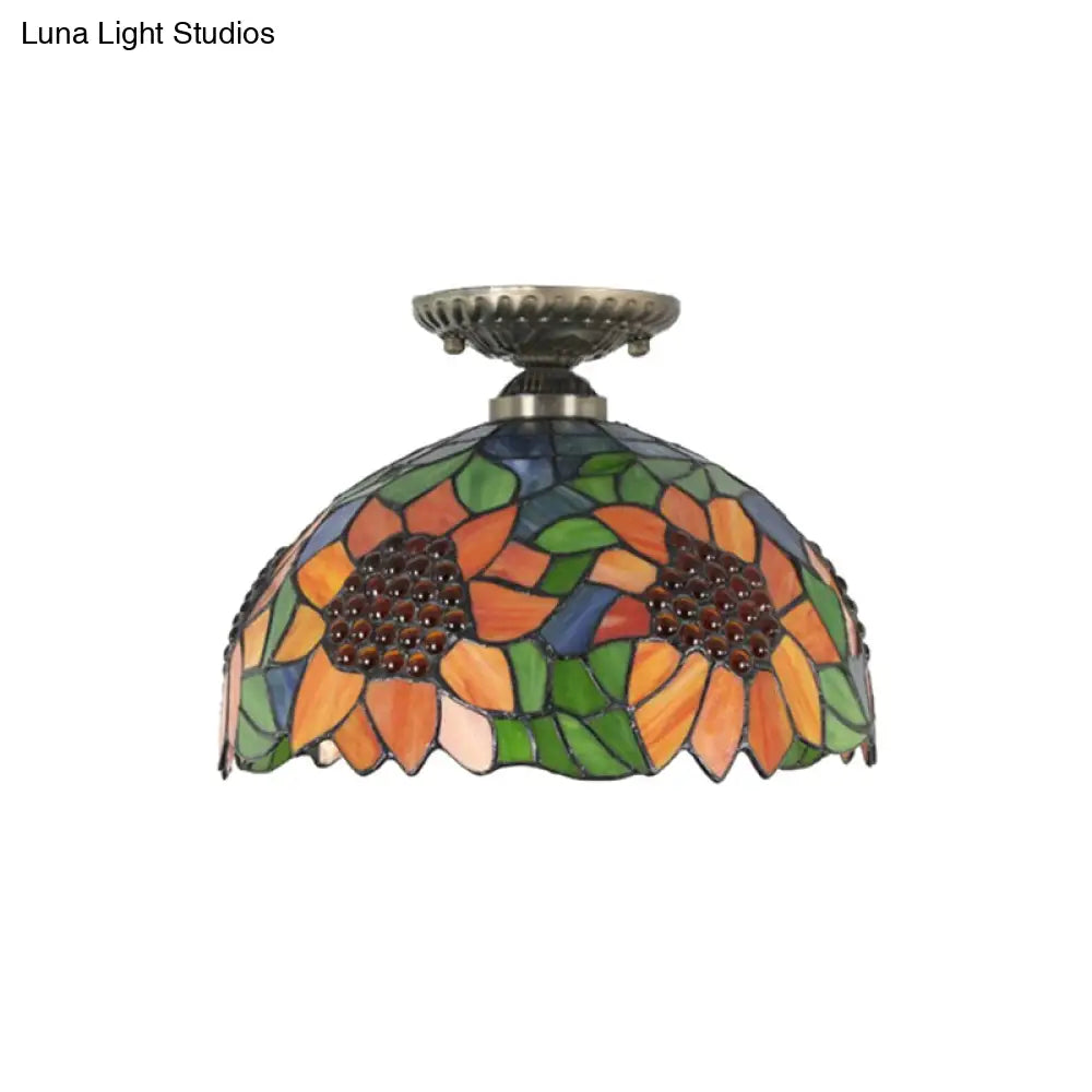 DecorBites™ Lámpara de techo semiempotrada de cristal artístico estilo Tiffany en bronce antiguo con 2 luces de cúpula para pasillo