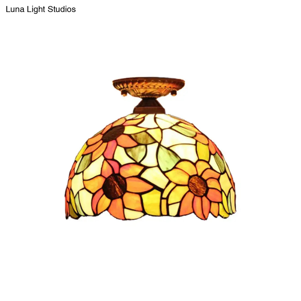 DecorBites™ Lámpara de techo semiempotrada de cristal artístico estilo Tiffany en bronce antiguo con 2 luces de cúpula para pasillo