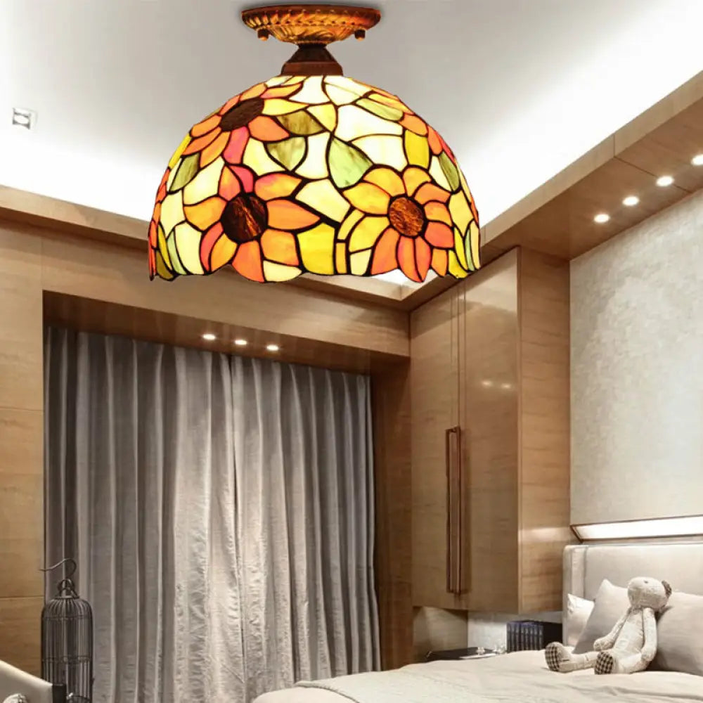 DecorBites™ Lámpara de techo semiempotrada de cristal artístico estilo Tiffany en bronce antiguo con 2 luces de cúpula para pasillo