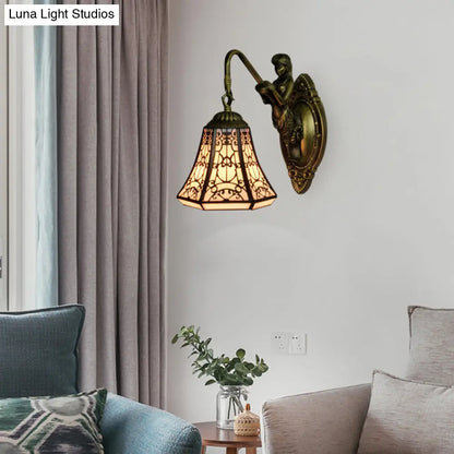 Aplique de pared antiguo de bronce Tiffany con cristal blanco